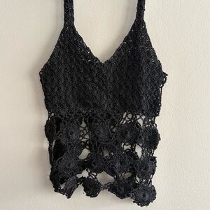 Vintage Black Crochet Festival Crop Tank Top Size Small